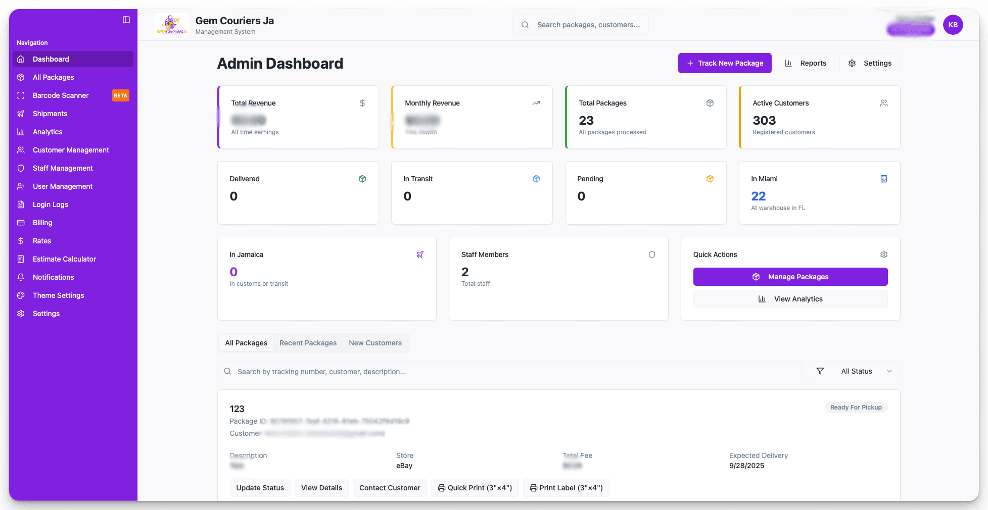 Jam Ship admin dashboard showing air freight flights and cargo metrics