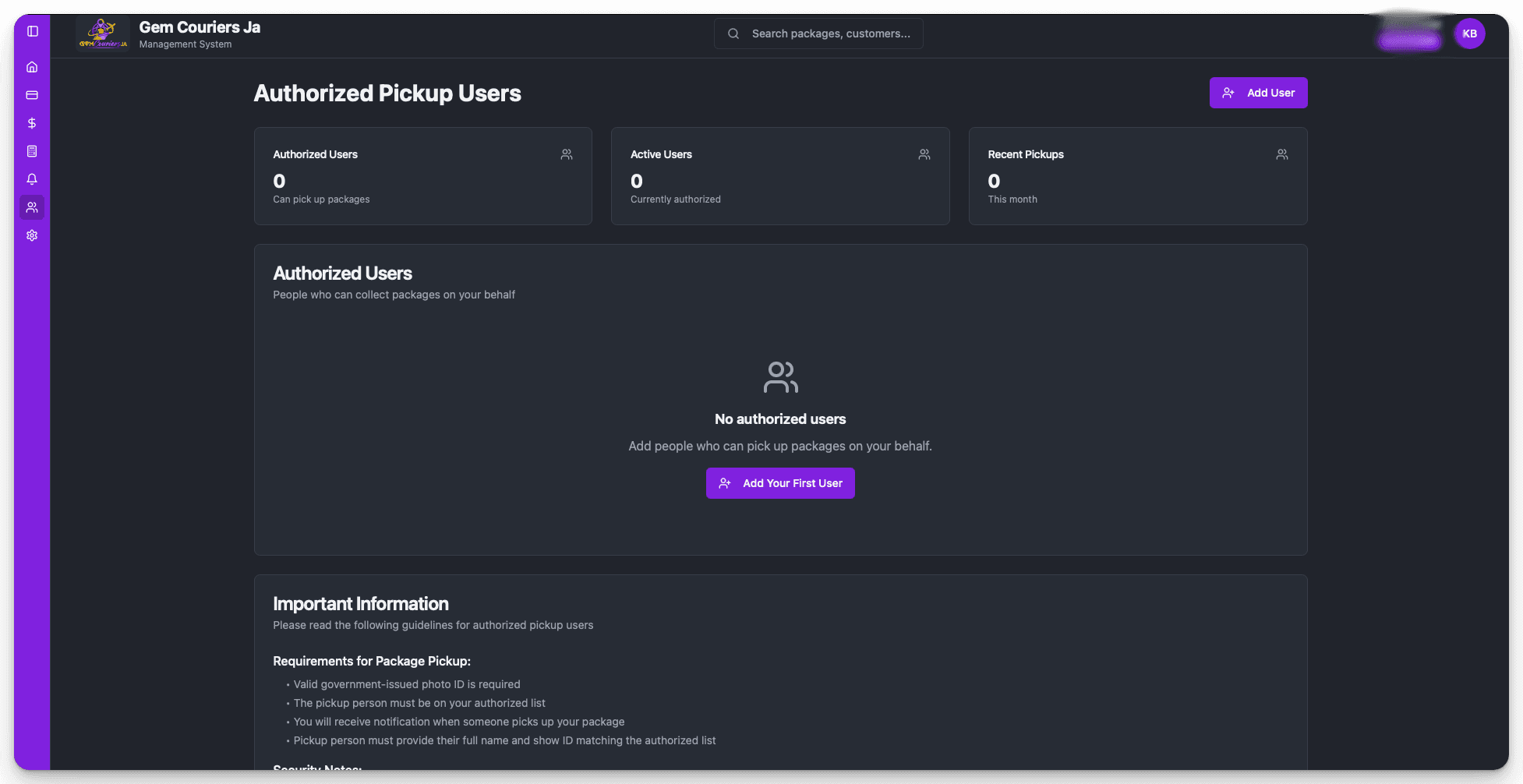 Authorized pickup interface confirming package release details