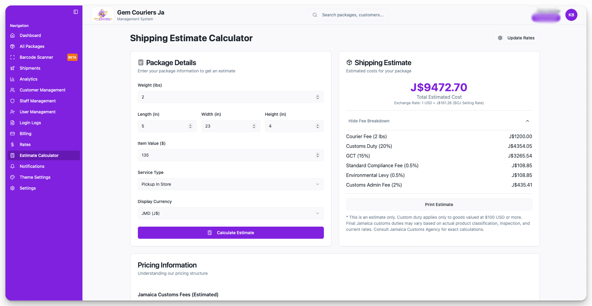Shipping estimator workflow displaying pricing tiers and weight inputs